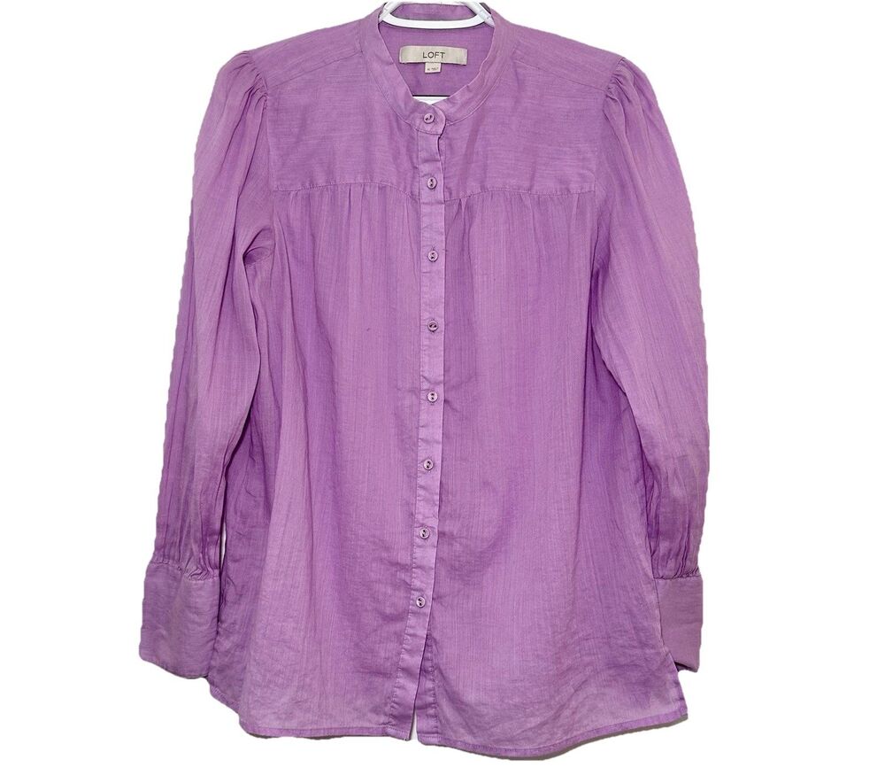 LOFT Ramie Cotton Blouse Purple Pintuck Button Front Peasant Top Medium Lilac